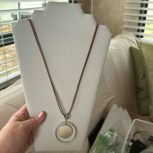 Silver and brown leather very long necklace